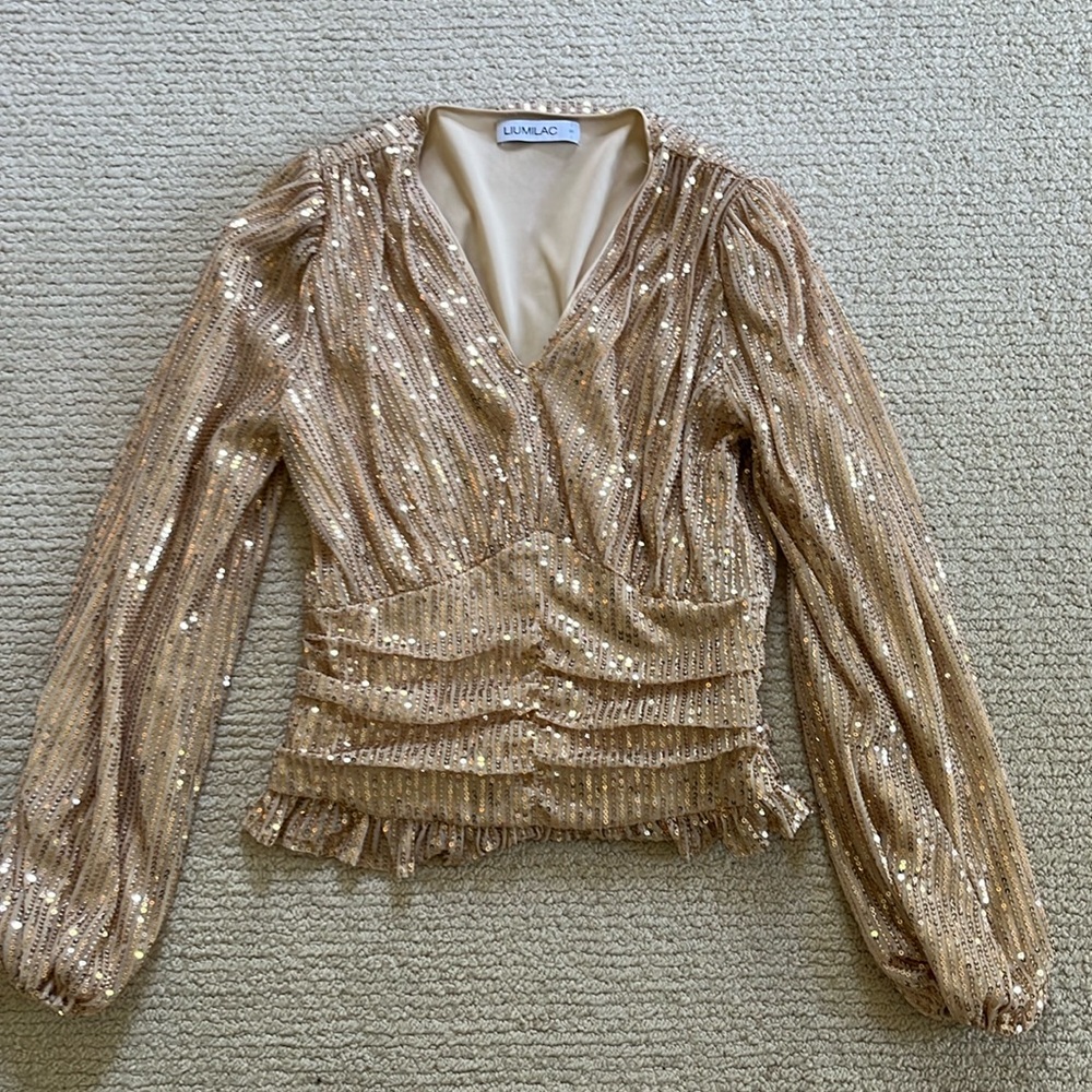 Liumilac Long Sleeve Rose Gold/Gold Sequin Dress Shirt V-Neckline